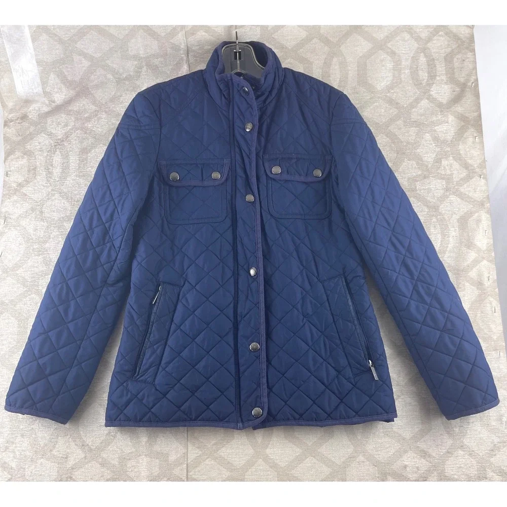 Michael Kors Quilted Snap Button Puffer Jacket Navy Blue‎ Womens Size XS